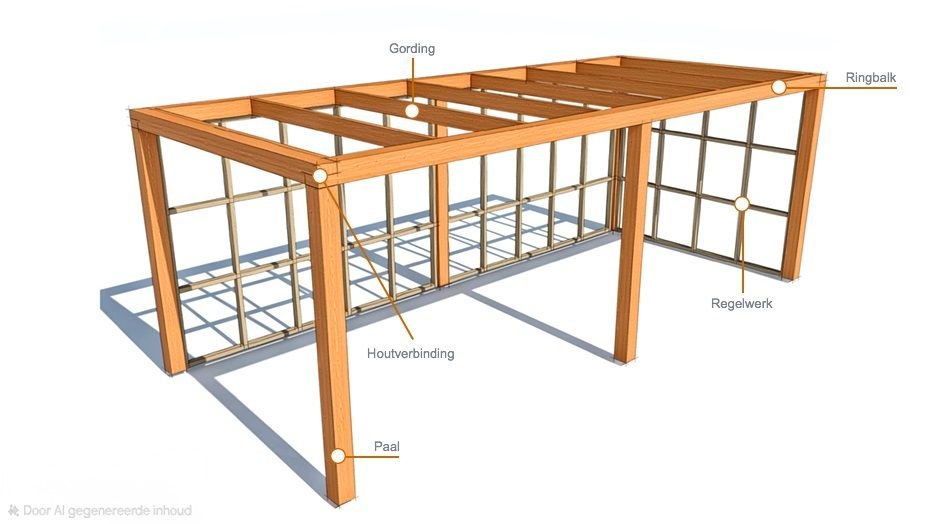 Overzicht constructie met gordingen, ringbalken, houtverbinding, palen en regelwerk