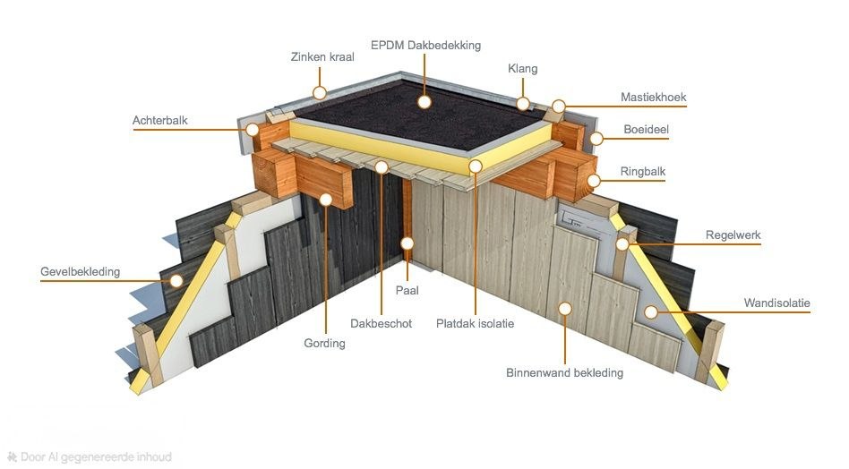 Detail dakopbouw met EPDM dakbedekking, zinken kraal, boeideel, mastiekhoek, gording en dakbeschot