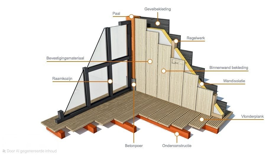 Detail wandopbouw met gevelbekleding, regelwerk, isolatie, raamkozijn en binnenwand bekleding
