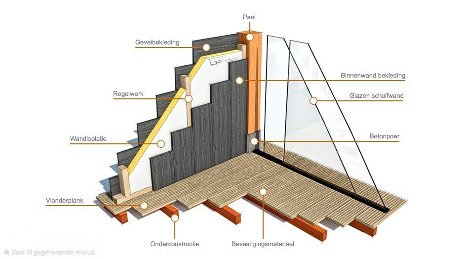 Detail wandopbouw met glazen schuifwand, gevelbekleding en isolatie